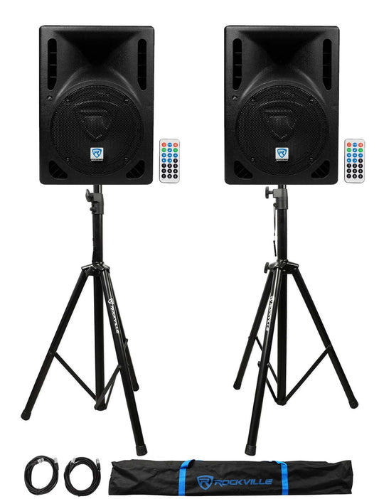 (2) Rockville RPG8BT 8 800w Powered BlueTooth/USB DJ Speakers+Stands+Cables