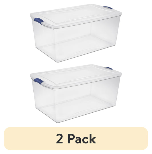 (2 pack) Sterilite 105 Qt. Clear Plastic Latching Box, Blue Latches with Clear Lid